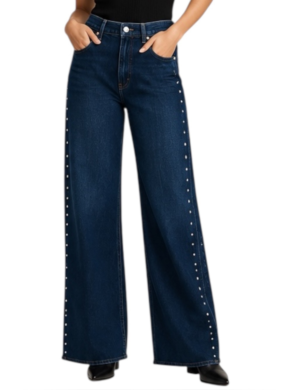 NWT GAP High Rise Wide Leg Studded Jeans Dark Wash Lyocell Blend 14/32R
